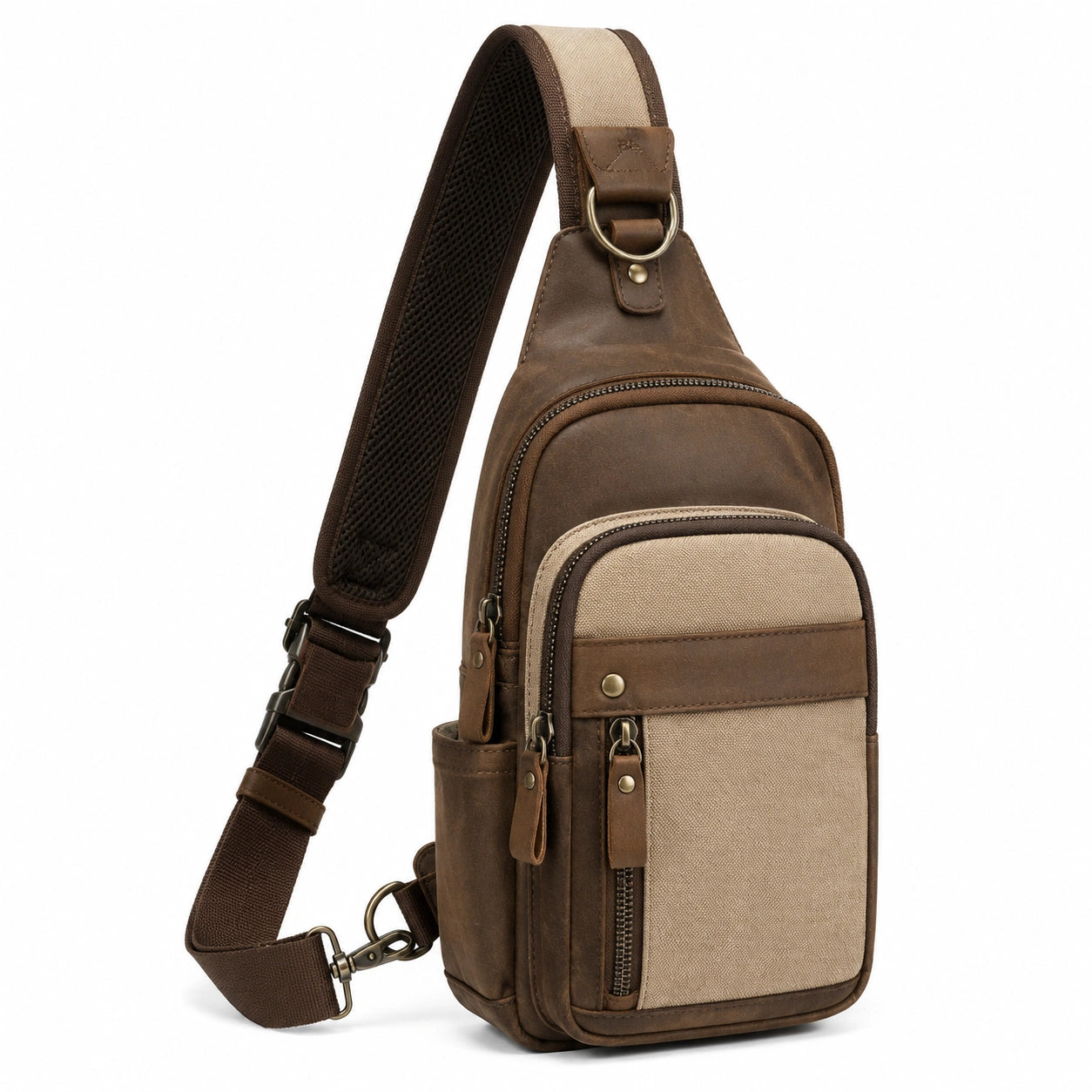 Umh?ngetasche 18 ¡Á 8 ¡Á 33 cm aus Leder und Canvas Braun Beige mit verstellbarem Schultergurt