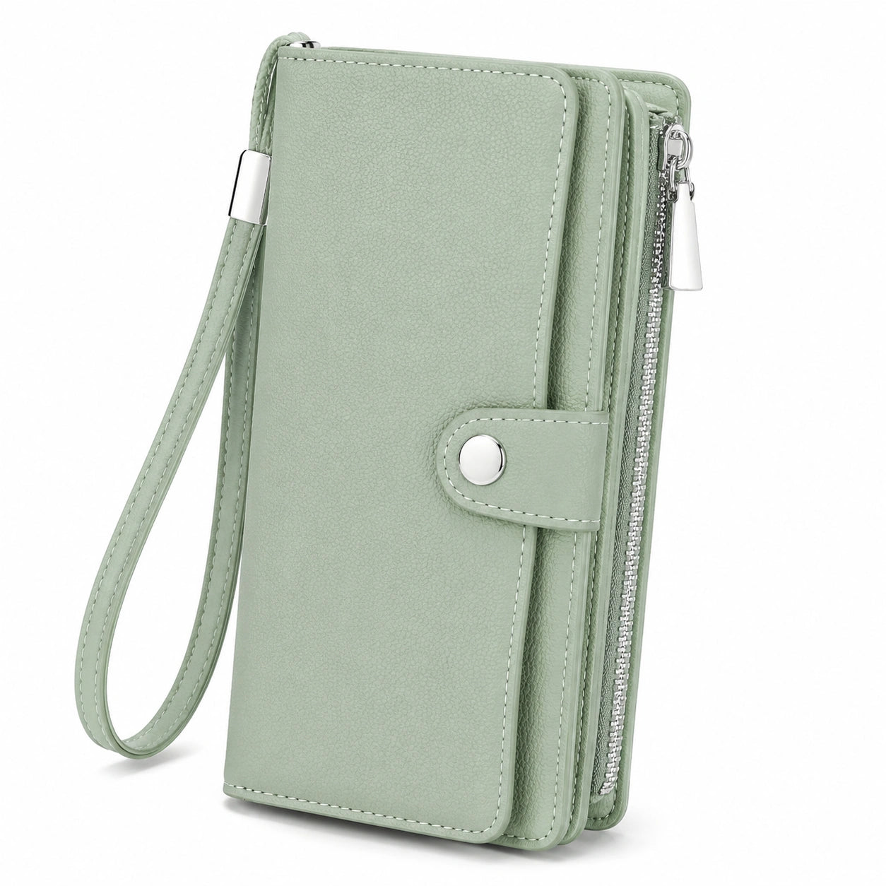 Damen Geldb?rse 19 x 10 x 3 cm aus Kunstleder in Salbeigr¨¹n mit Rei?verschluss und Handschlaufe