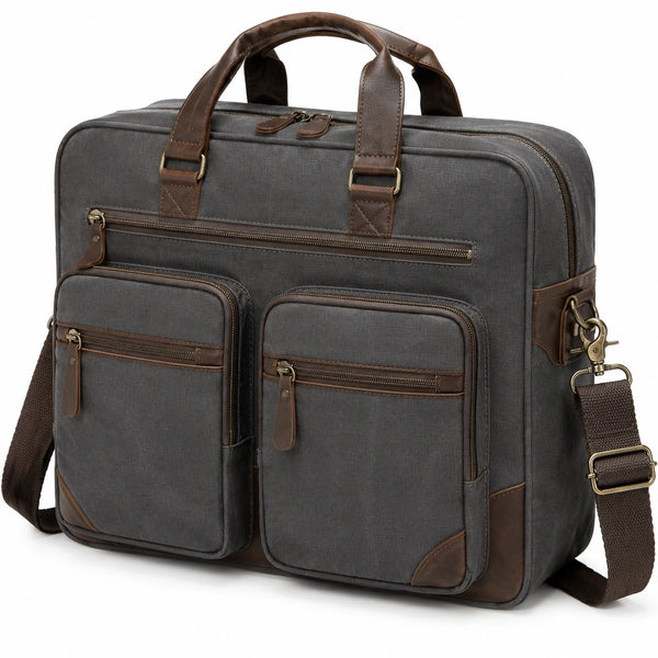 Aktentasche 42 x 12 x 32 cm aus Textil und Kunstleder Grau Braun mit Schultergurt