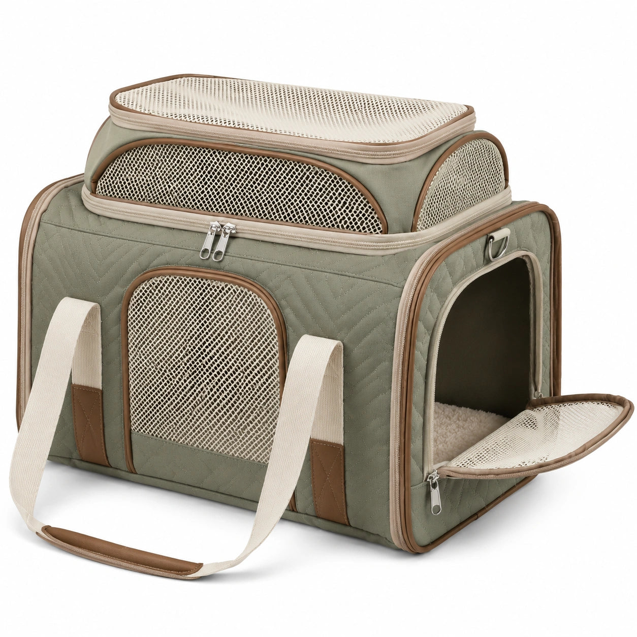 Haustier-Transporttasche 45 x 28 x 30 cm aus Textil in Salbeigr¨¹n mit Netzfenstern und Erweiterung