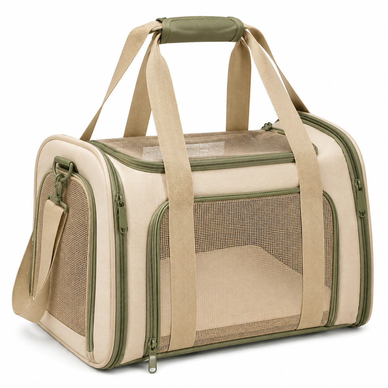 Haustier-Transporttasche 45 x 28 x 30 cm aus Polyester Beige Gr¨¹n mit Netzfenstern und Schultergurt