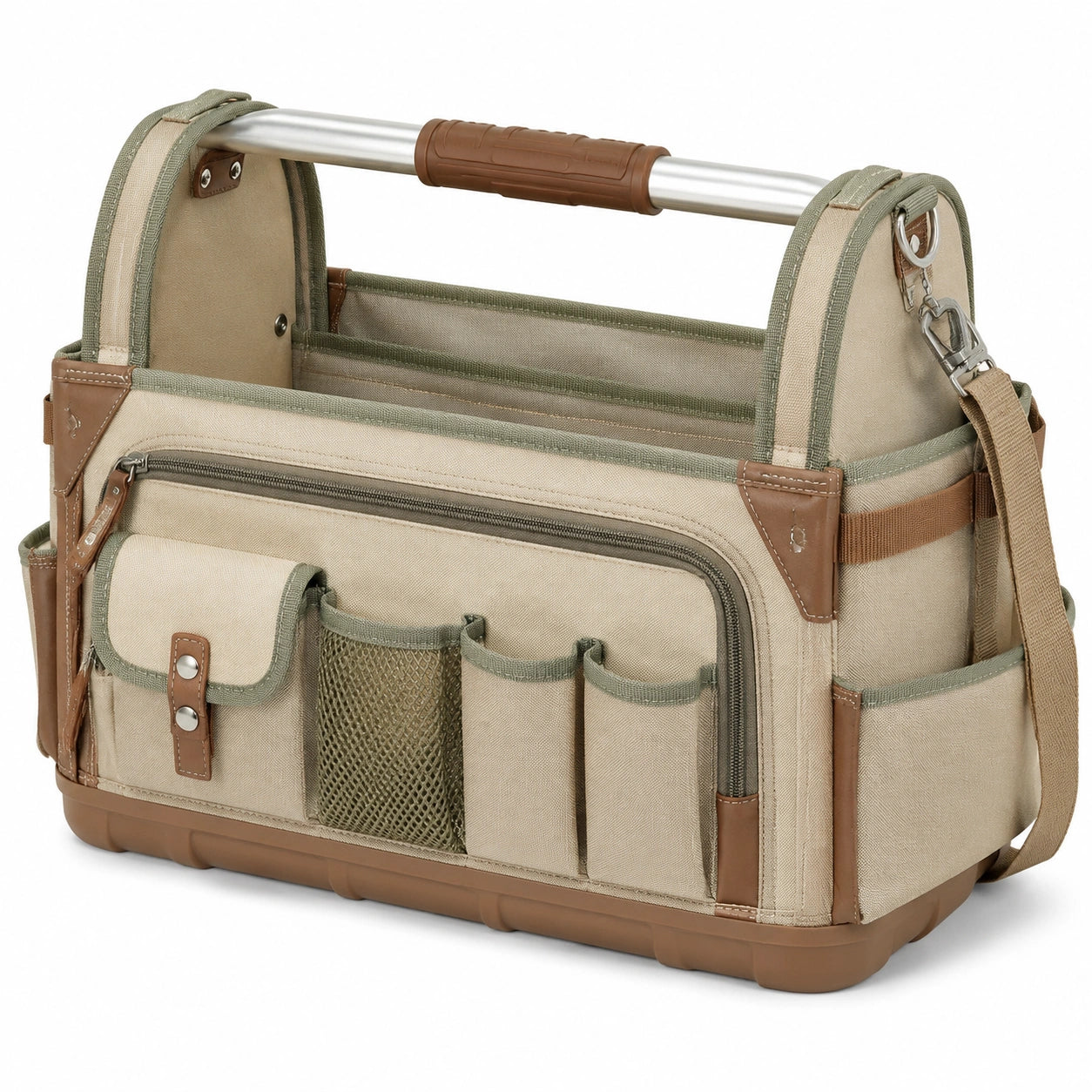 Werkzeugtasche 42 x 20 x 30 cm aus Textilgewebe Beige Gr¨¹n mit Aluminiumgriff und Schultergurt